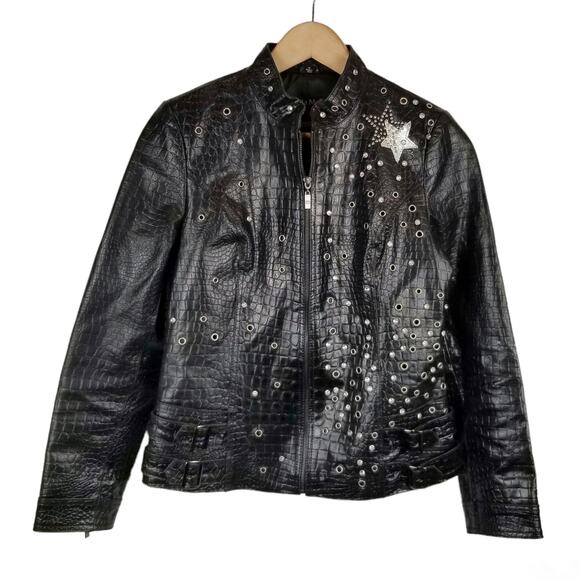 Pamela McCoy Croc Embossed Rhinestone Studded Black Leather Moto Jacket Size XS - Picture 1 of 11